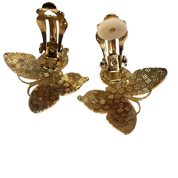 Vtg Cloisonne Butterfly Clip On Earrings Purple Red Enamel Inlaid Bug Goldtone - Picture 7 of 7